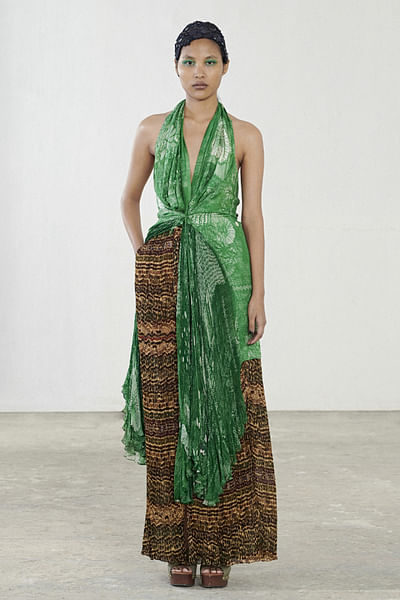 Green floral printed blouse and skirt