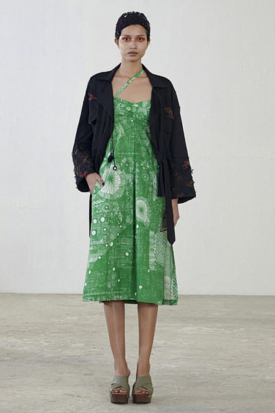 Green abstract printed dress and jacket