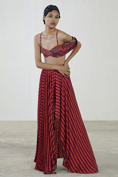 Pink and wine abstract floral printed bralette and skirt