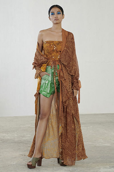 Brown printed corset and cape set