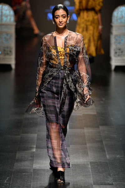 Floral cape, bustier & sheer pants