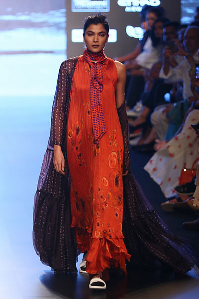 Printed wrap-around dress with cape