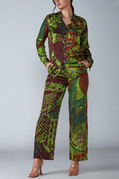 Green printed shirt and trousers