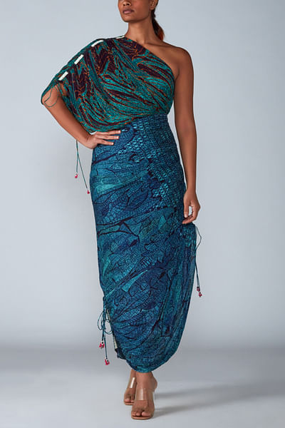 Blue pleated sari dress