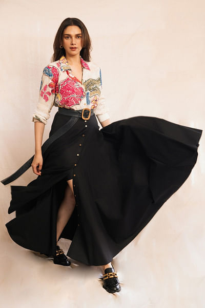 Ivory and black bandhani print shirt and skirt
