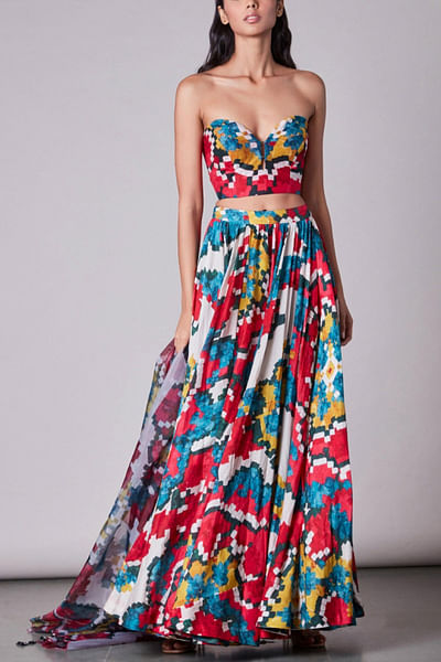 Multicolour ikat printed lehenga set