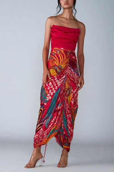 Abstract bird printed corset sari dress