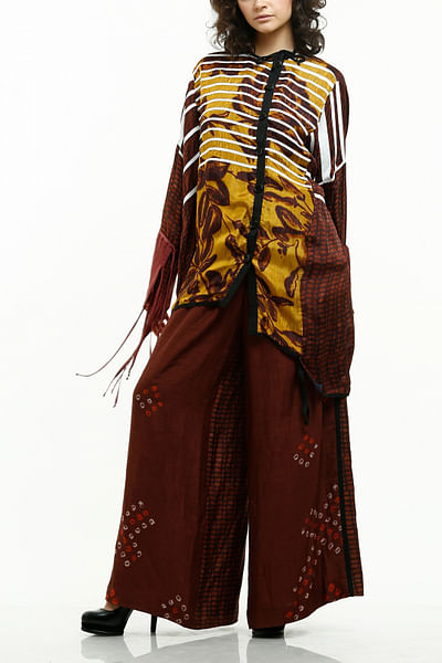 Double-printed asymmetric tunic with palazzos