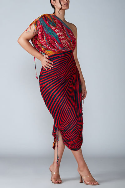 Printed one-shoulder sari dress