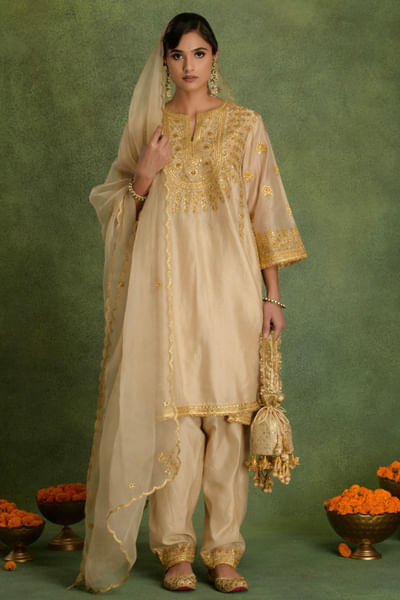Beige gota embroidery kurta set