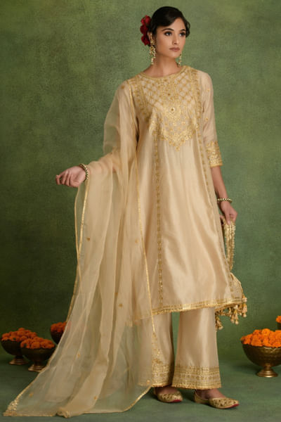 Beige gota embroidered kurta set