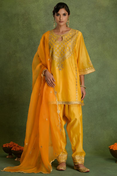Yellow gota embroidered short kurta set