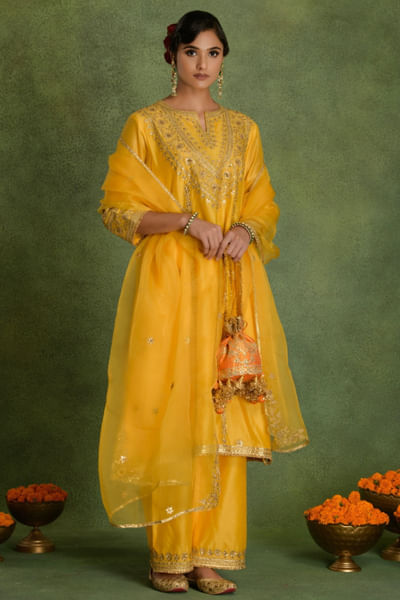 Yellow gota embroidered kurta set