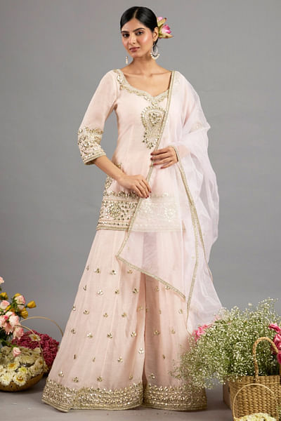 Peach pink gota patti embroidered gharara set