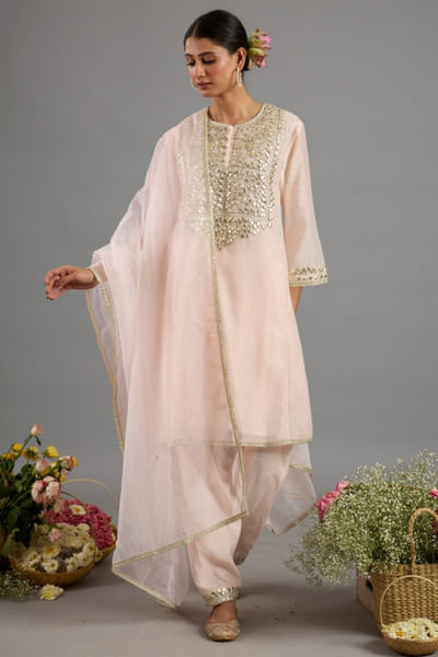 Peach pink gota embroidered choga set