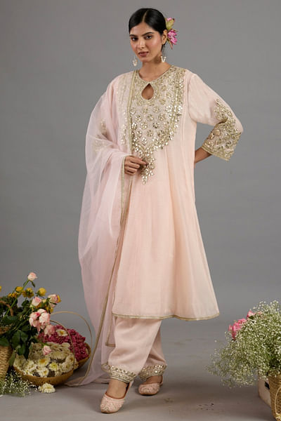 Peach pink gota embroidered anarkali set