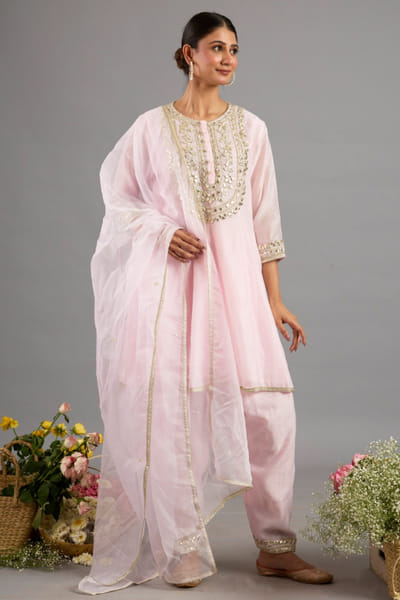Baby pink gota embroidered anarkali set