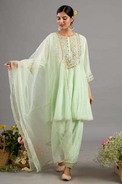 Green gota embroidered anarkali set
