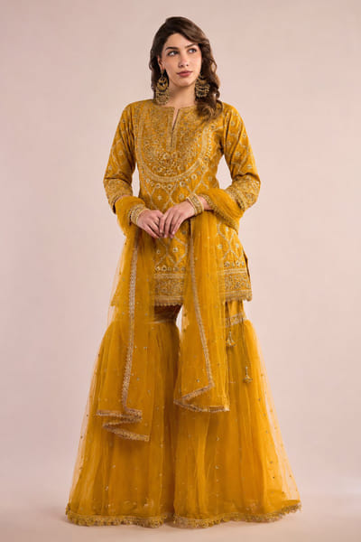 Saina Kapoor Mustard Kashmiri aari embroidered gharara set SAINAUG26D152706