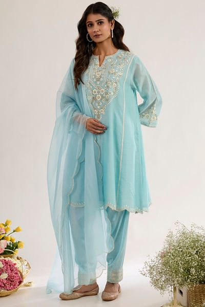 Powder blue embroidered choga kurta set