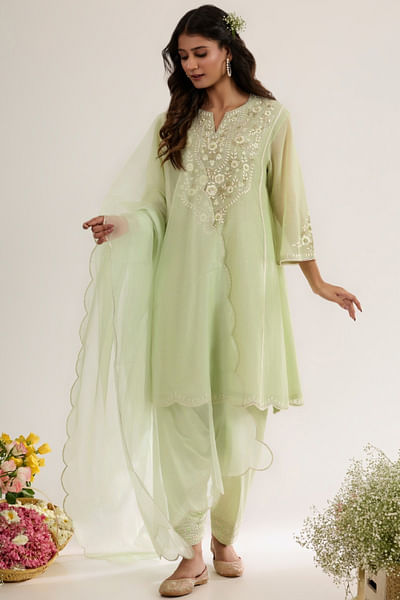Mint green floral embroidered choga kurta set