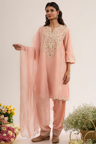 Blush pink floral embroidered choga kurta set
