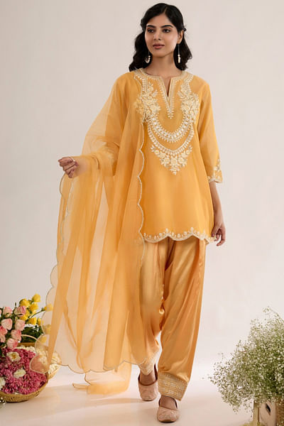 Peachy orange embroidered short kurta set