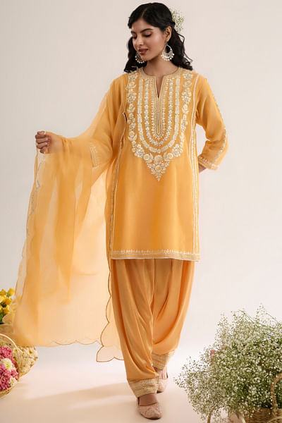 Peachy orange embroidered kurta set