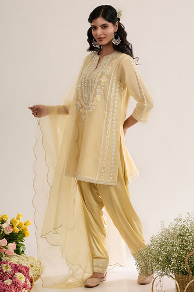 Soft yellow embroidered short kurta set