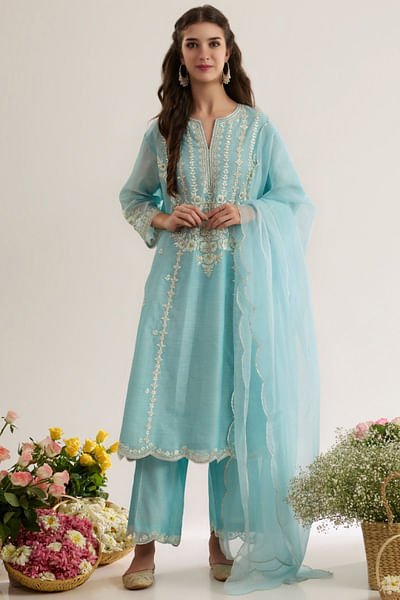 Powder blue embroidered kurta set