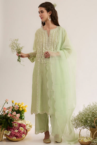 Mint green floral embroidered kurta set