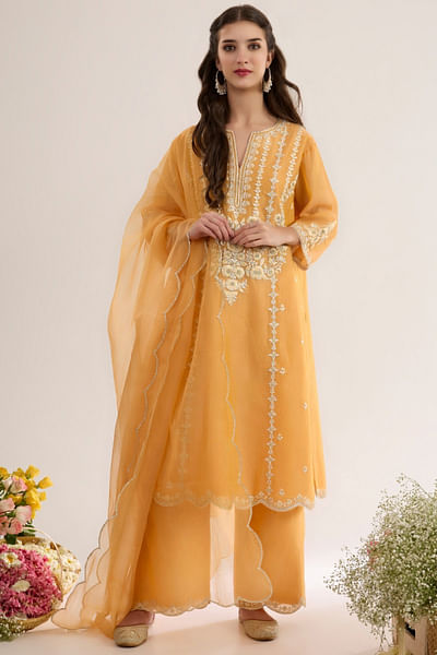 Peachy orange floral embroidered kurta set