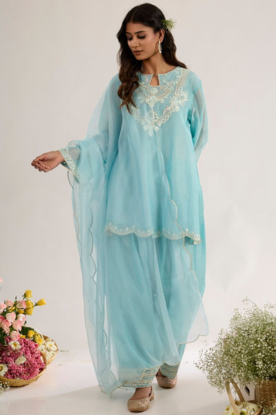 Powder blue embroidered A-line kurta set