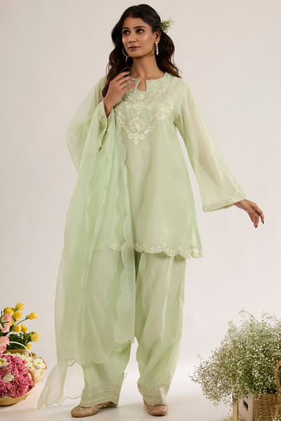 Mint green embroidered A-line kurta set