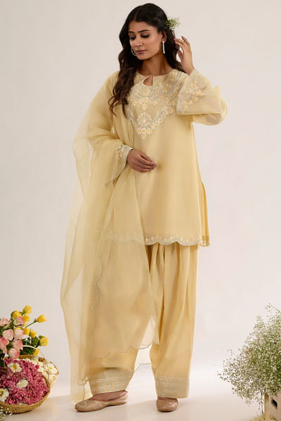 Soft yellow embroidered A-line kurta set