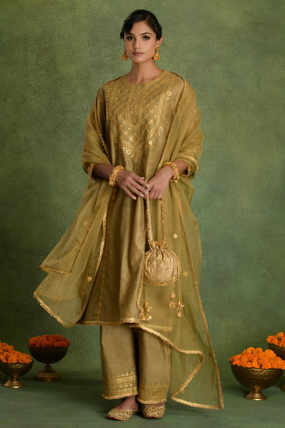 Deep beige gota embroidered kurta set