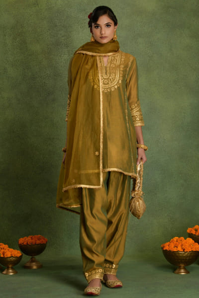 Olive gota embroidered short kurta set