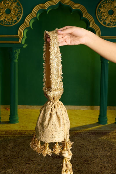 Beige gota embroidered potli bag