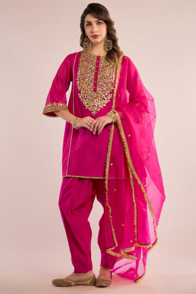 Fuchsia gota embroidery short kurta salwar set