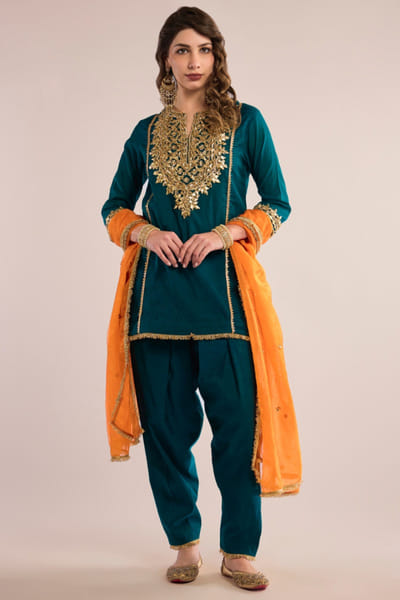 Turquoise gota embroidered kurta set