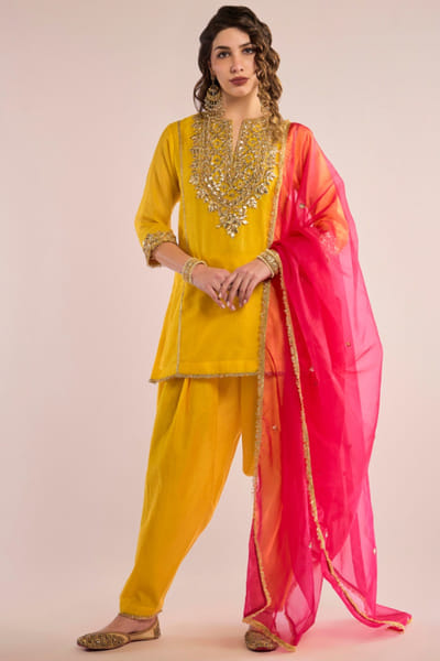Yellow gota embroidered kurta salwar set