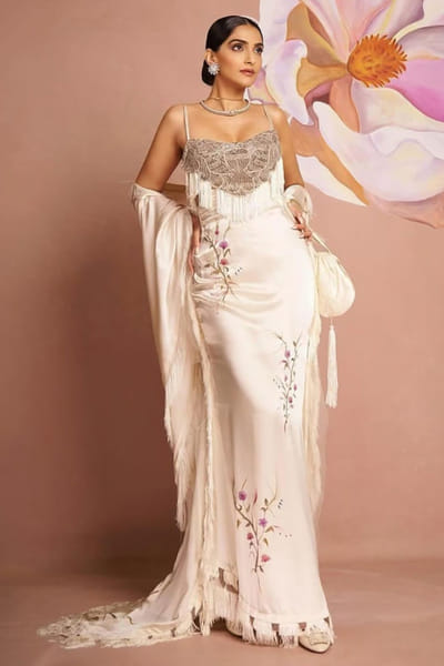 Anamika Khanna Beige floral hand-painted dress and stole ANAMJUL26D148820