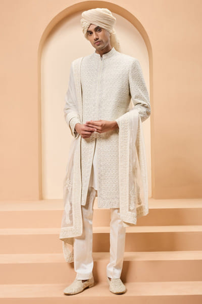 Sarab Khanijou Ivory pearl embroidered sherwani set SARAMAY26D245388