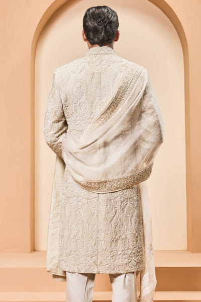 Sarab Khanijou Ivory applique sherwani set SARAMAY26D245391