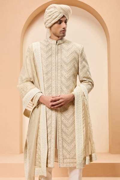 Sarab Khanijou Ivory zardozi embroidered sherwani set SARAMAY26D245393