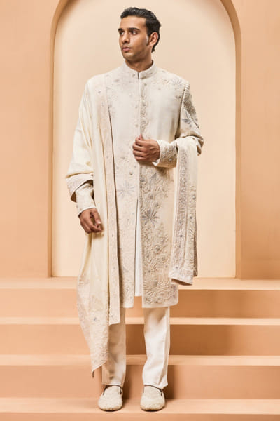Sarab Khanijou Ivory resham embroidered sherwani set SARAMAY26D245394