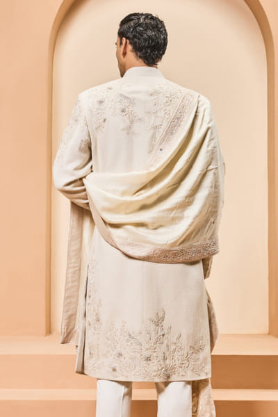 Sarab Khanijou Ivory resham embroidered sherwani set SARAMAY26D245394