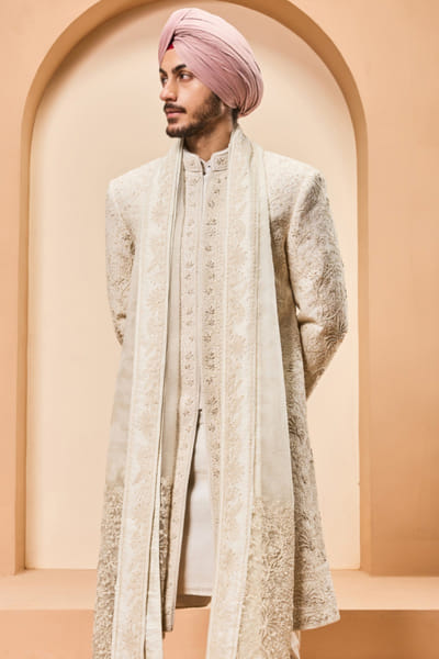 Sarab Khanijou Ivory thread embroidered sherwani set SARAMAY26D245395