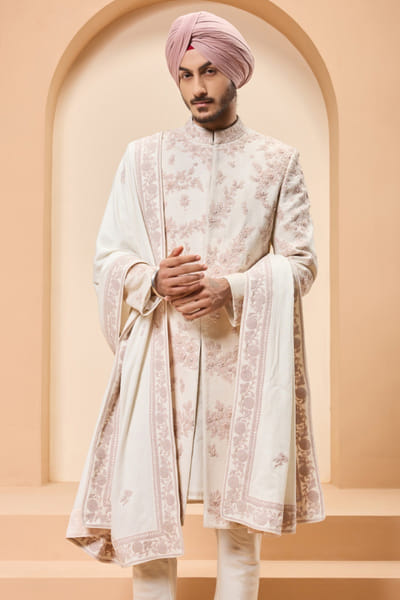 Sarab Khanijou Ivory sequin embroidery sherwani set SARAMAY26D245396