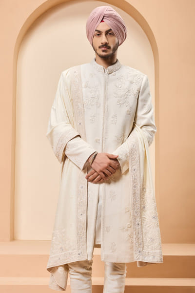 Sarab Khanijou Ivory thread embroidery sherwani set SARAMAY26D245397